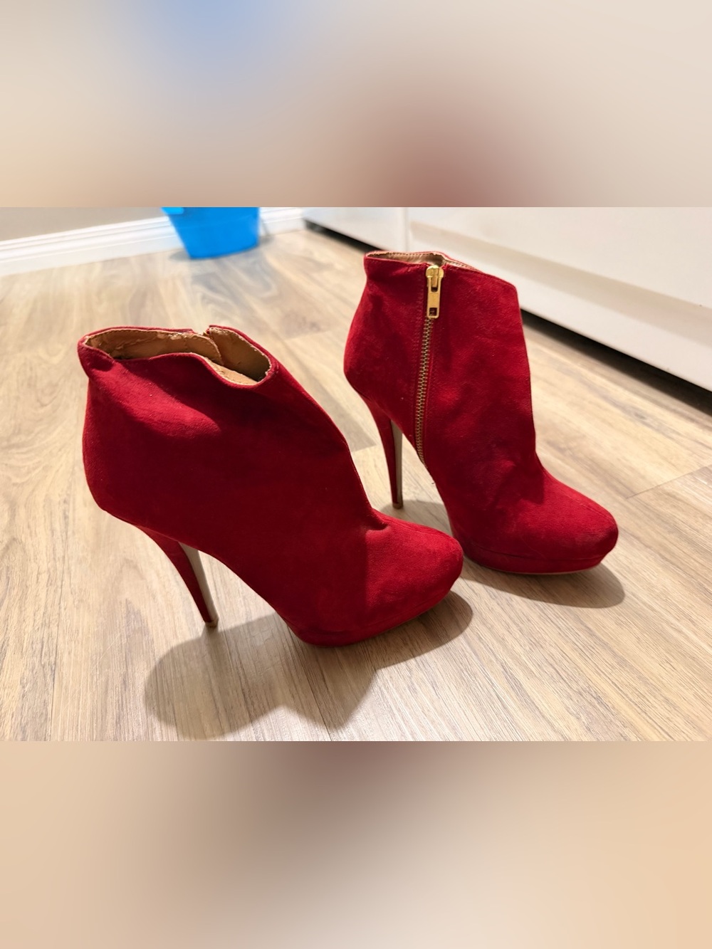 Red Suede High Heel Ankle Boots with Side Zip